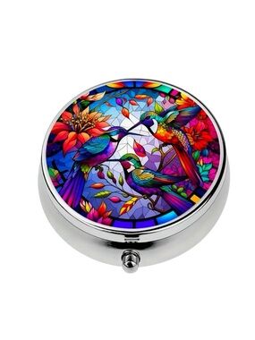 3 Hummingbird Stained Glass Style Pill Box.  2" X .7” Three Compartments